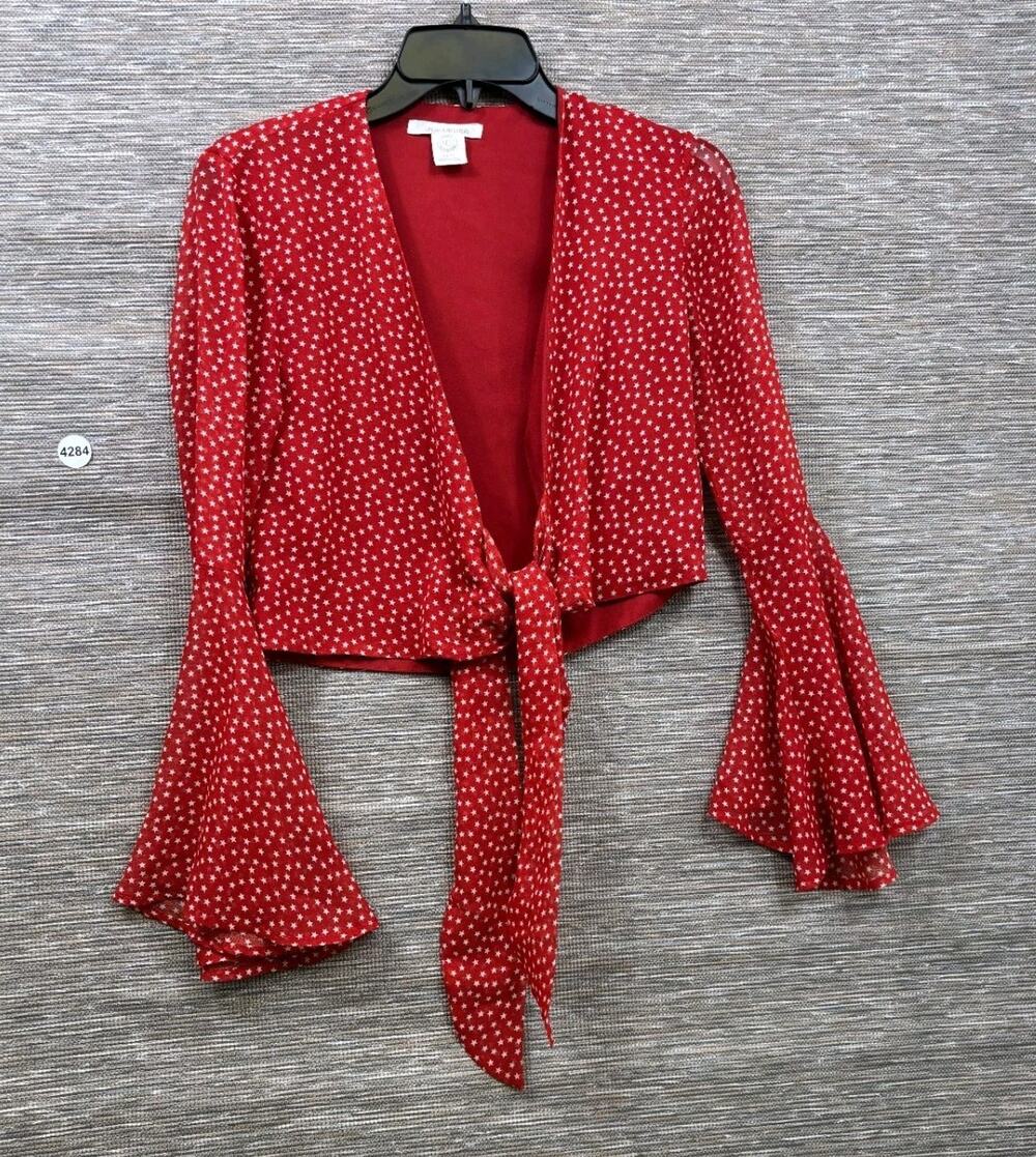 Urban Outfitters Star Print Tie Front Blouse Womens Size XS Red Bell Sleeve Top